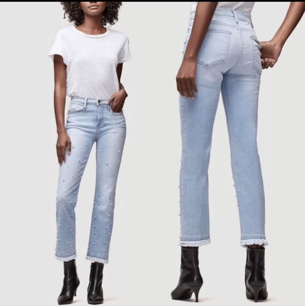 FRAME Le High Straight Double Frayed Hem Pearl Jean